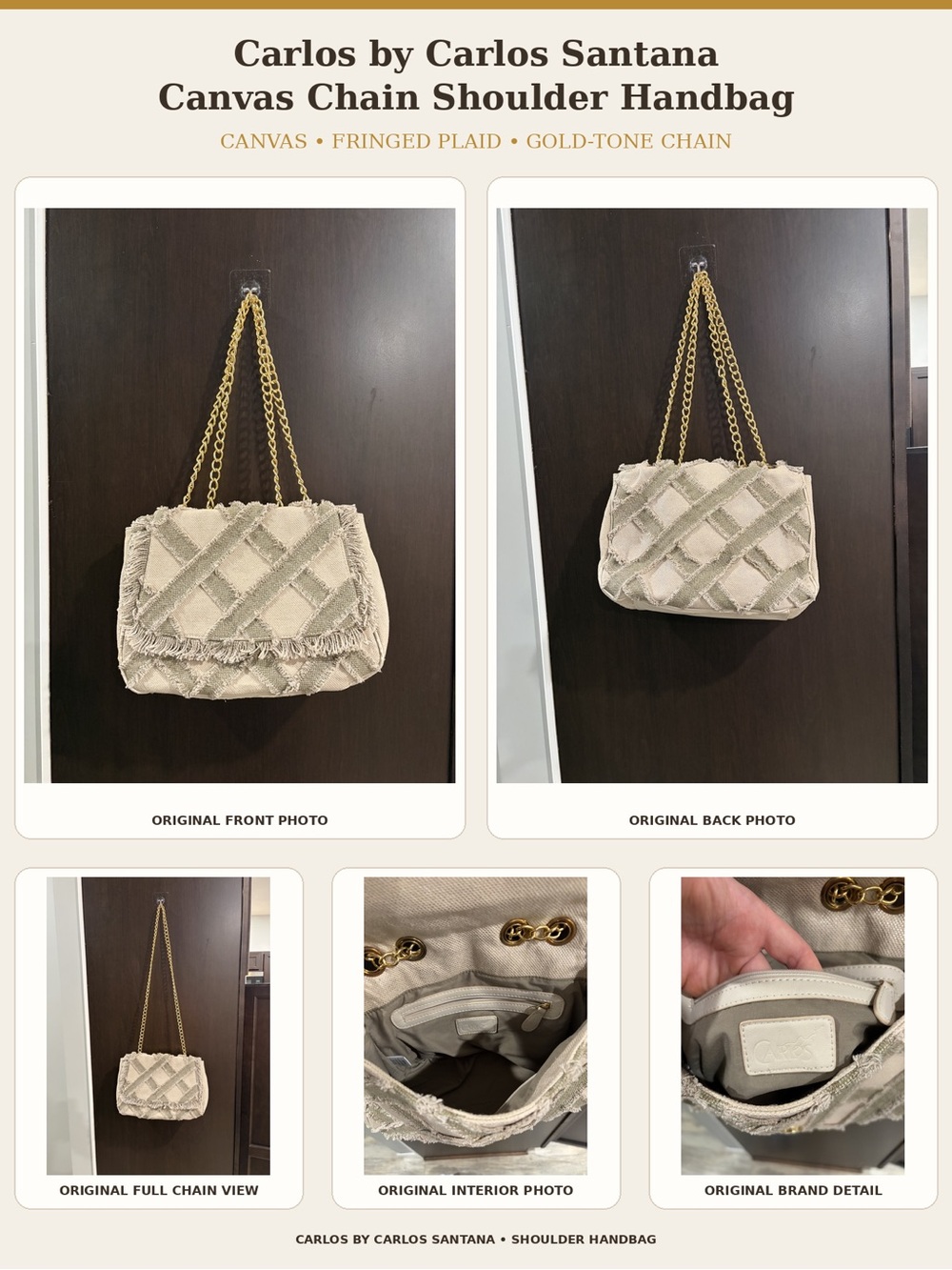 Carlos by Carlos Santana Cream Canvas Chain Shoulder Bag with Gold Chain